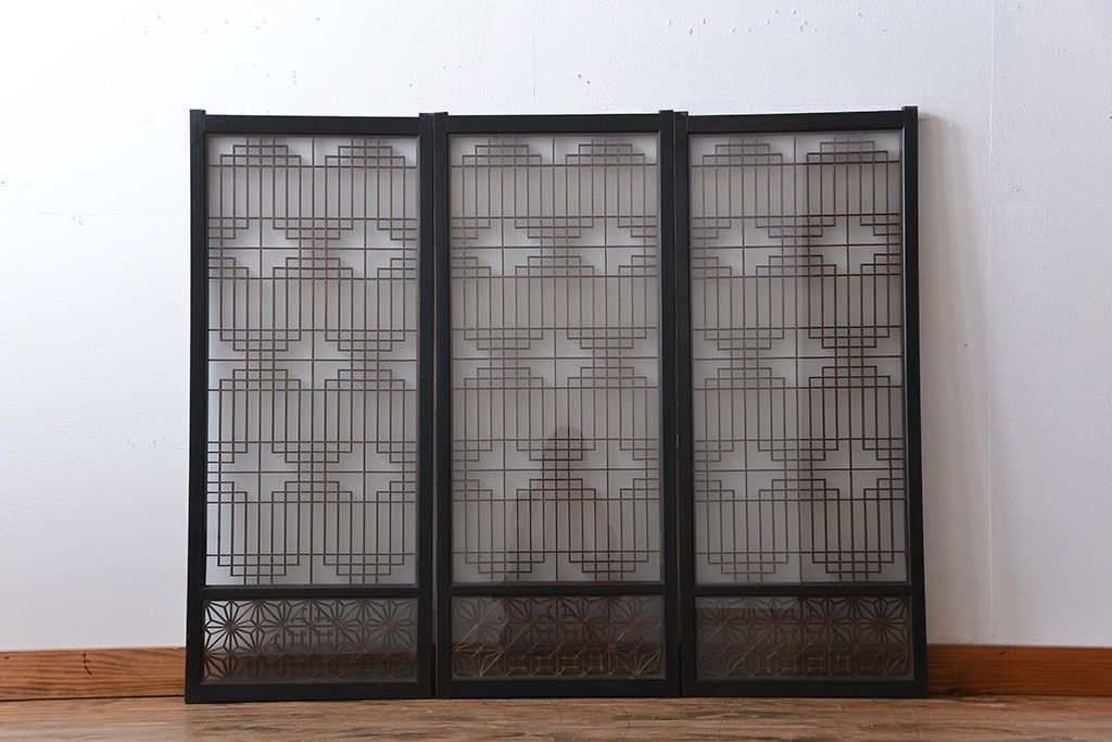古民具・骨董　ガラス入り組子書院戸3枚セット