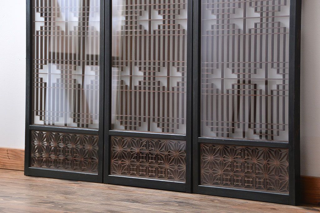 古民具・骨董　ガラス入り組子書院戸3枚セット