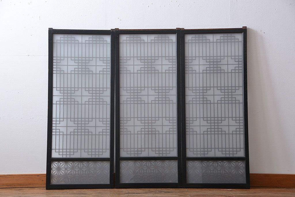 古民具・骨董　ガラス入り組子書院戸3枚セット