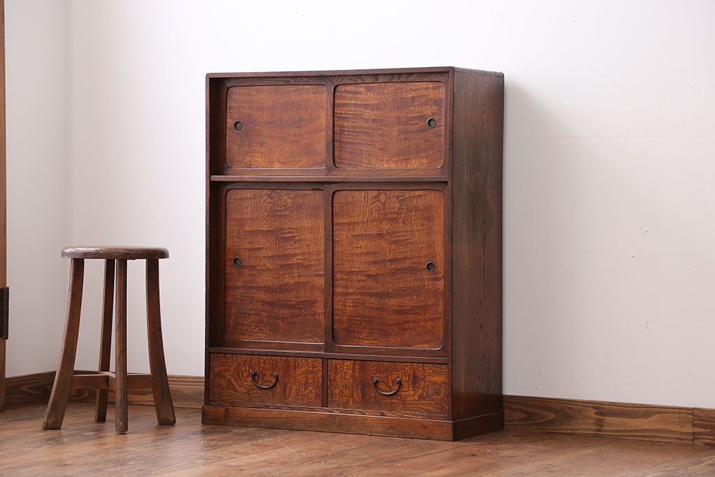 アンティーク家具　引き出し二杯付き!タモ材の収納戸棚