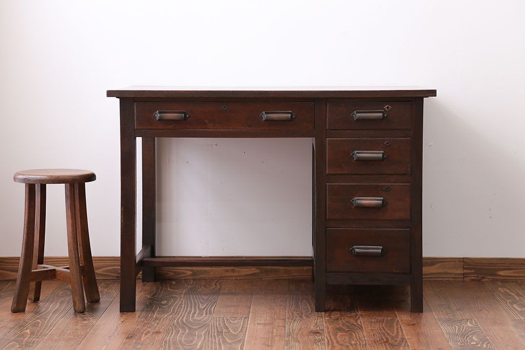 アンティーク家具　アンティーク　ナラ材の片袖机