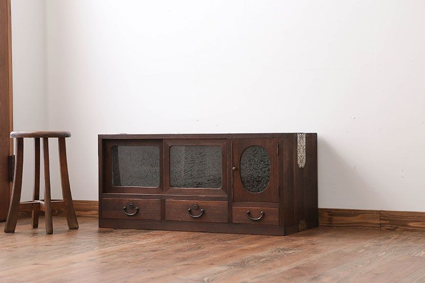 レトロ家具　昭和レトロ　結霜ガラス入りローボード