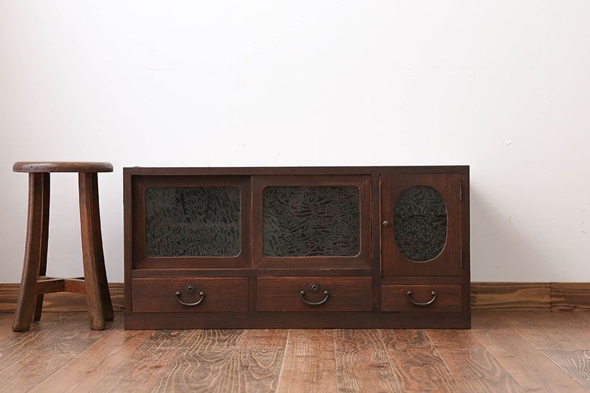 レトロ家具　昭和レトロ　結霜ガラス入りローボード