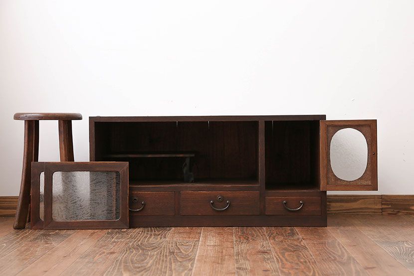 レトロ家具　昭和レトロ　結霜ガラス入りローボード