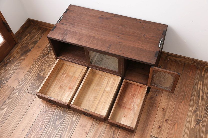 レトロ家具　昭和レトロ　結霜ガラス入りローボード