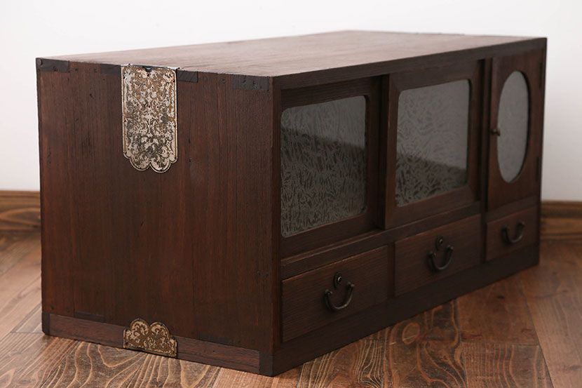 レトロ家具　昭和レトロ　結霜ガラス入りローボード