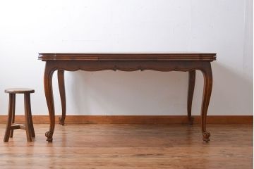 アンティーク家具　フランスアンティーク　パーケット天板　猫脚のドローリーフテーブル