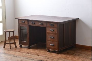 レトロ家具　昭和レトロ　ナラ材の両袖机