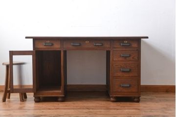 レトロ家具　昭和レトロ　ナラ材の両袖机