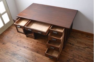 レトロ家具　昭和レトロ　ナラ材の両袖机