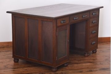 レトロ家具　昭和レトロ　ナラ材の両袖机