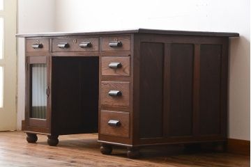 レトロ家具　昭和レトロ　ナラ材の両袖机