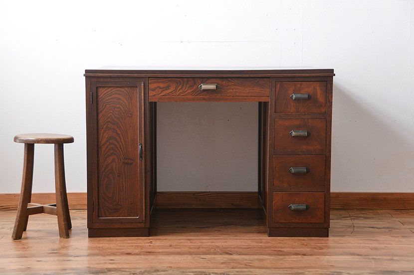 アンティーク家具　天板くるみ材一枚板　組み立て式両袖机