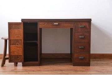 アンティーク家具　天板くるみ材一枚板　組み立て式両袖机
