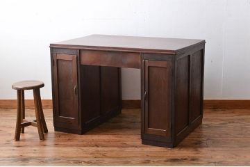 アンティーク家具　天板くるみ材一枚板　組み立て式両袖机
