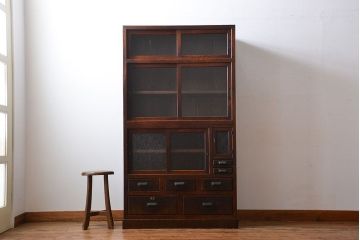 アンティーク家具　アンティーク　前面欅材!ダイヤガラス入り引き戸収納棚