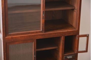 アンティーク家具　アンティーク　前面欅材!ダイヤガラス入り引き戸収納棚