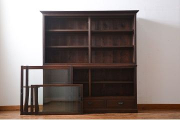 アンティーク家具　大正ロマン　引き出し付き!大きなガラス引き戸収納棚