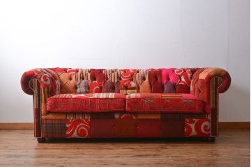 中古　イギリス製　お洒落な3人掛けパッチワークソファ