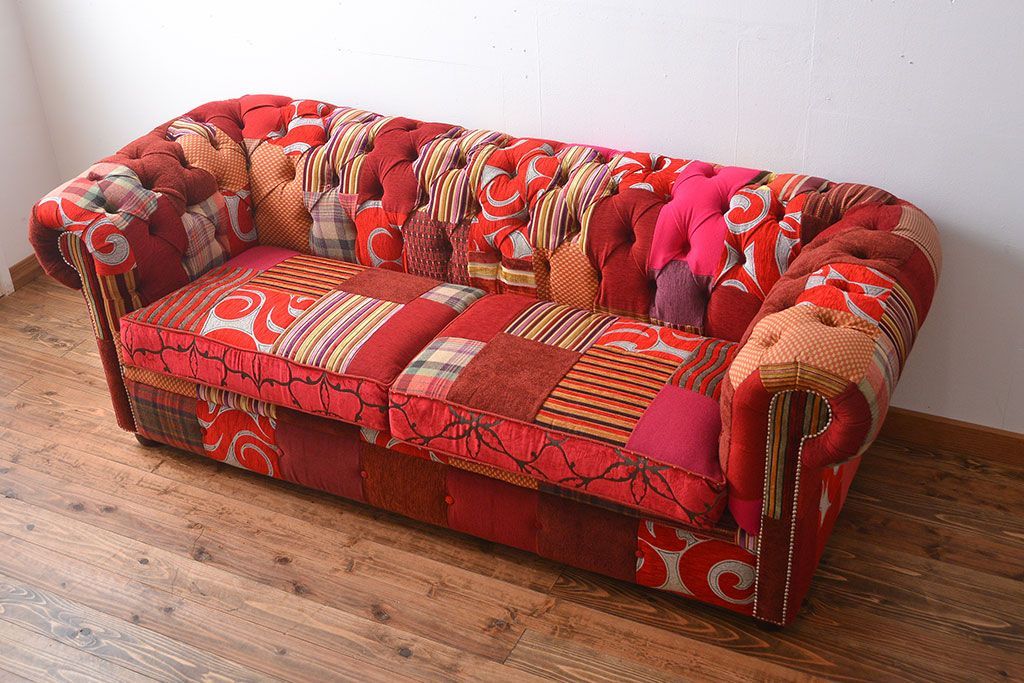 中古　イギリス製　お洒落な3人掛けパッチワークソファ