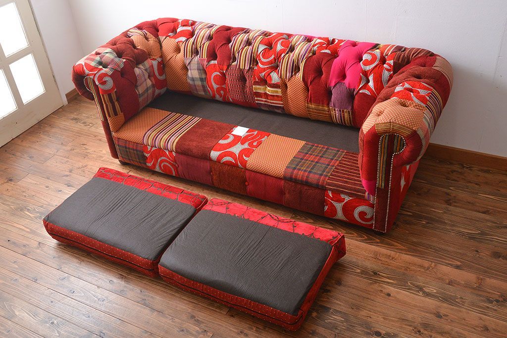 中古　イギリス製　お洒落な3人掛けパッチワークソファ