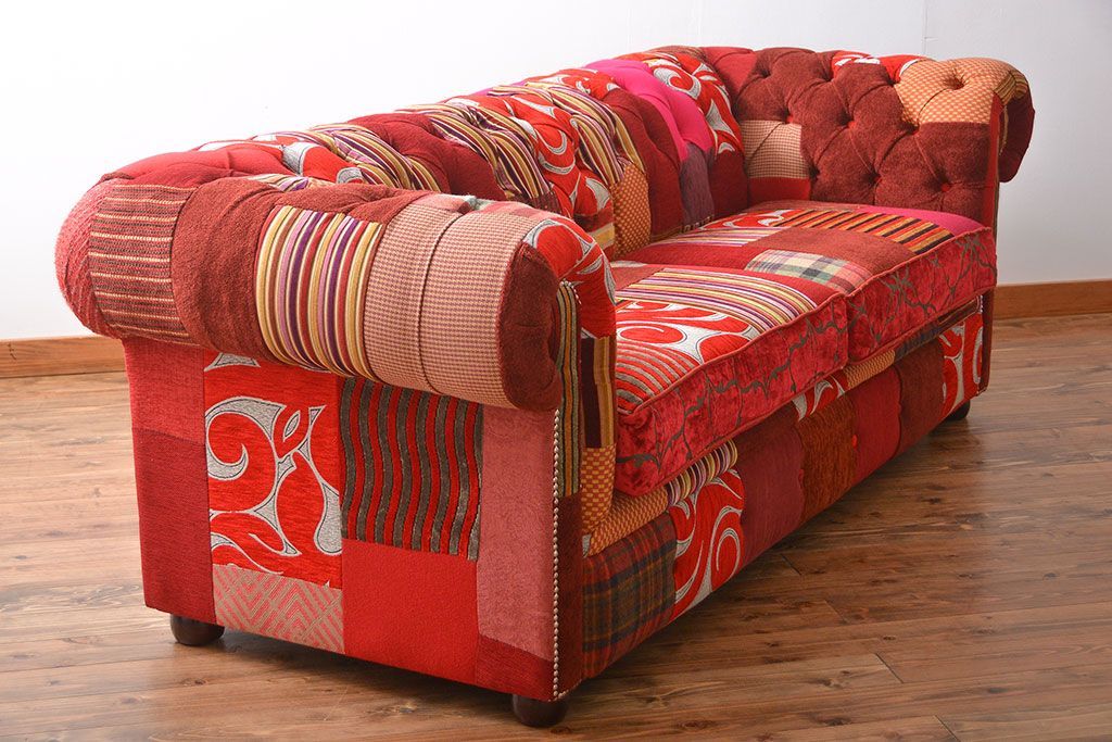 中古　イギリス製　お洒落な3人掛けパッチワークソファ