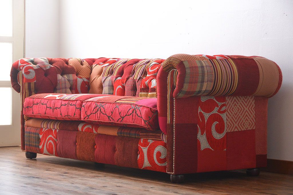 中古　イギリス製　お洒落な3人掛けパッチワークソファ