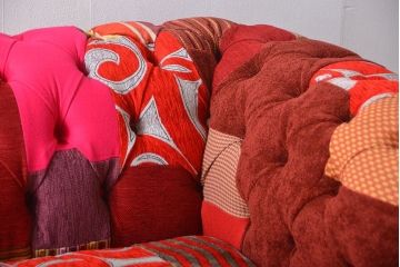 中古　イギリス製　お洒落な3人掛けパッチワークソファ