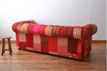 中古　イギリス製　お洒落な3人掛けパッチワークソファ