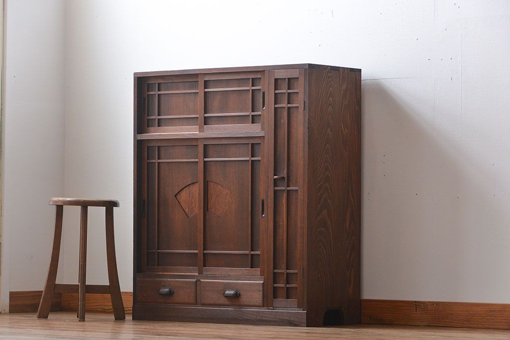 レトロ家具　昭和レトロ　引き出し2杯付き引き戸収納棚