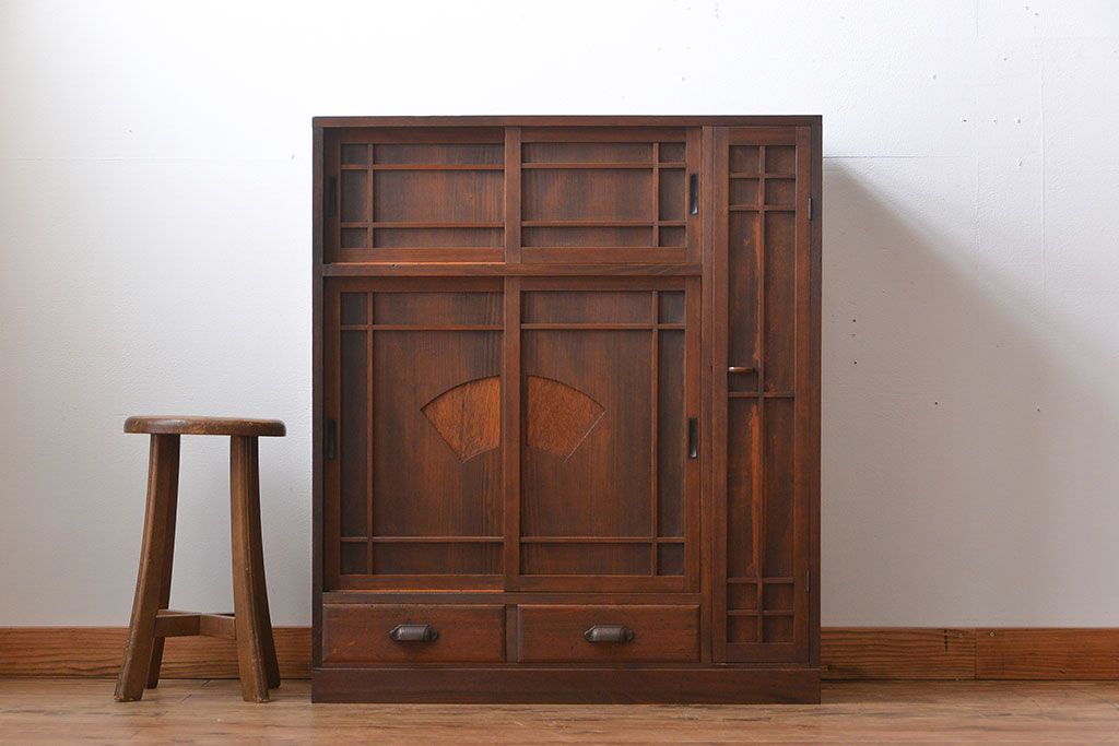 レトロ家具　昭和レトロ　引き出し2杯付き引き戸収納棚