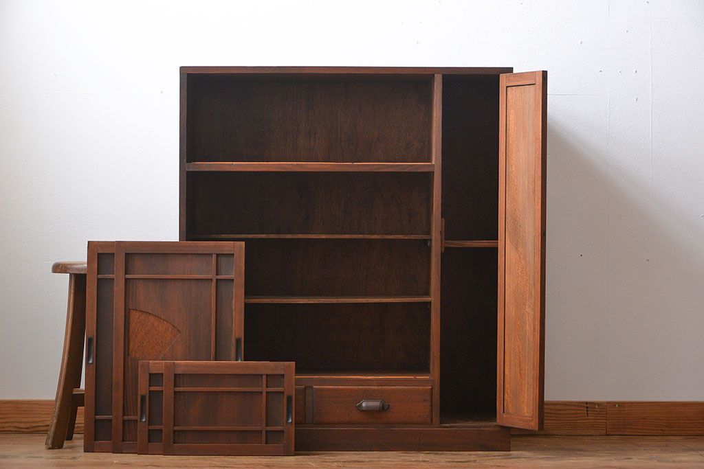 レトロ家具　昭和レトロ　引き出し2杯付き引き戸収納棚