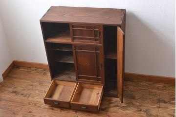 レトロ家具　昭和レトロ　引き出し2杯付き引き戸収納棚