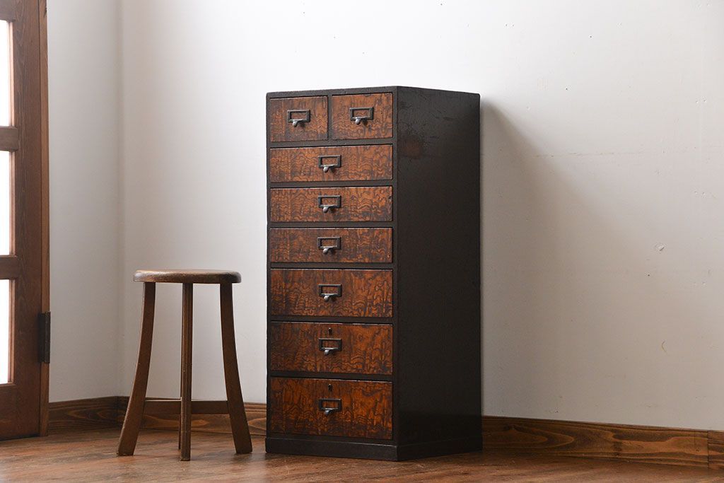 アンティーク家具　古民具・骨董　ネームプレート付き縦型小引き出し(1)