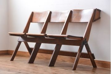 アンティーク家具　イギリスアンティーク　オーク材の折り畳み式3人掛けチャーチベンチ