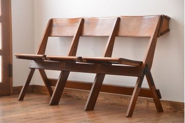 アンティーク家具　イギリスアンティーク　オーク材の折り畳み式3人掛けチャーチベンチ(2)