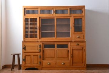 レトロ家具　昭和レトロ　冷蔵庫付き!ナラ材の特大食器棚