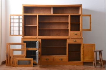 レトロ家具　昭和レトロ　冷蔵庫付き!ナラ材の特大食器棚