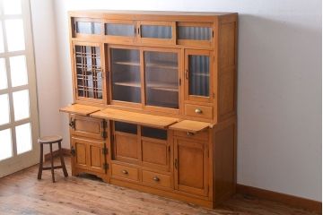 レトロ家具　昭和レトロ　冷蔵庫付き!ナラ材の特大食器棚