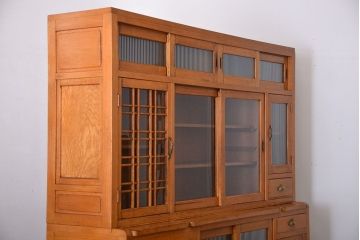 レトロ家具　昭和レトロ　冷蔵庫付き!ナラ材の特大食器棚