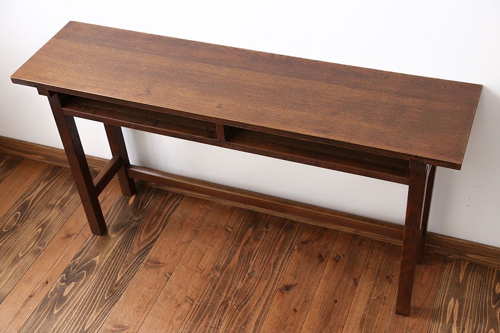 アンティーク家具　アンティーク　天板ナラ材の薄型テーブル(1)