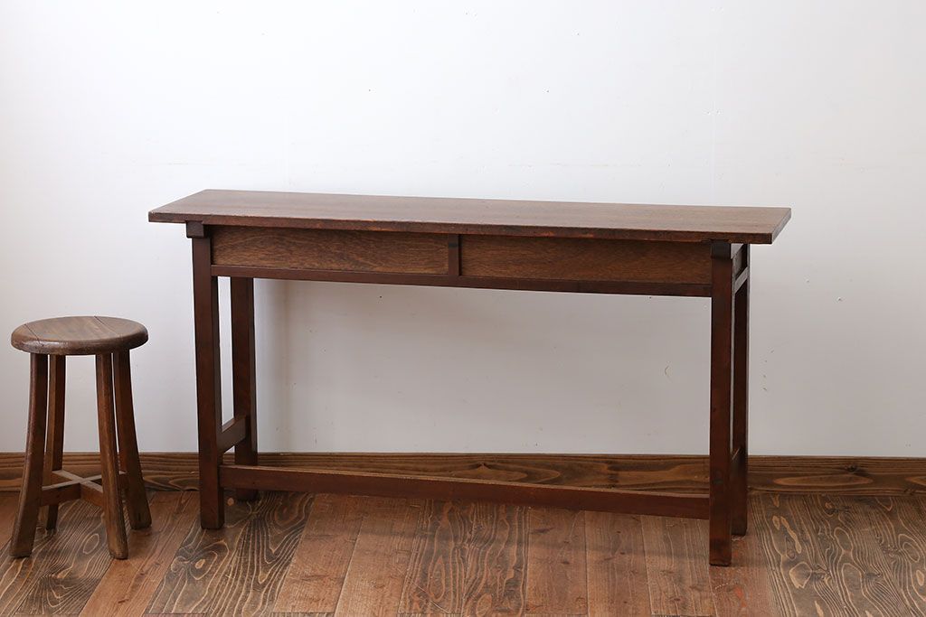 アンティーク家具　アンティーク　天板ナラ材の薄型テーブル(1)