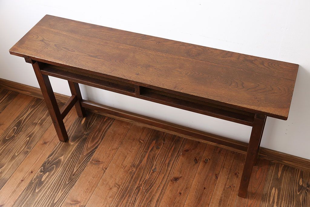 アンティーク家具　アンティーク　天板ナラ材の薄型テーブル(2)