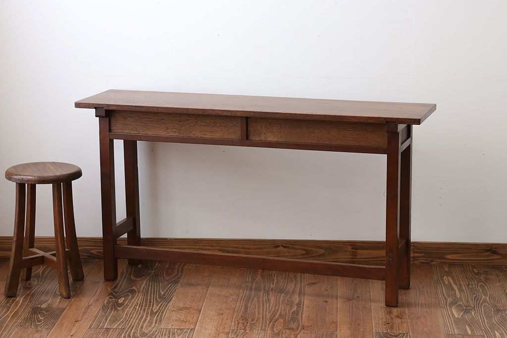 アンティーク家具　アンティーク　天板ナラ材の薄型テーブル(2)