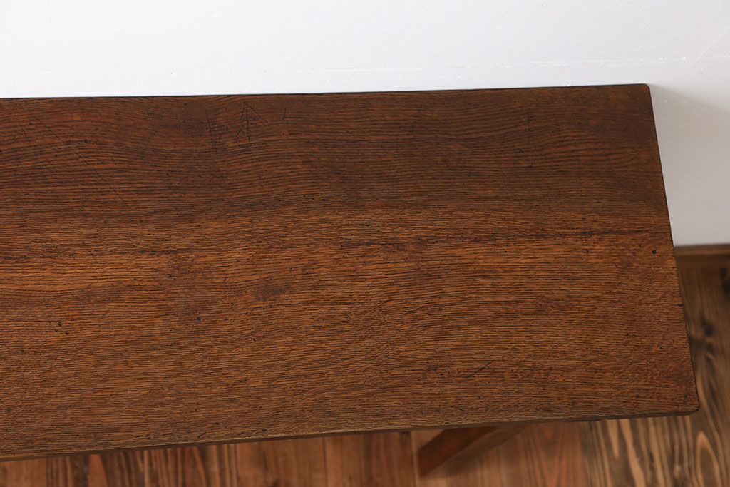 アンティーク家具　アンティーク　天板ナラ材の薄型テーブル(3)