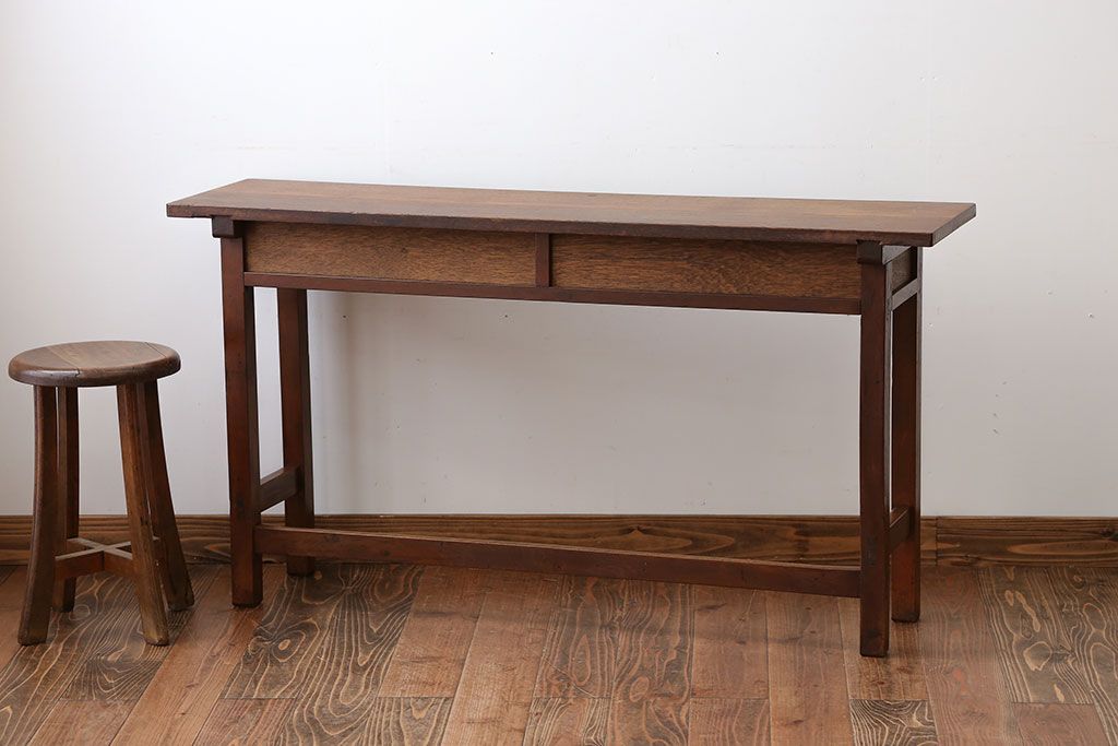 アンティーク家具　アンティーク　天板ナラ材の薄型テーブル(3)