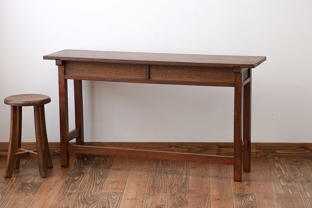 アンティーク家具　アンティーク　天板ナラ材の薄型テーブル(4)