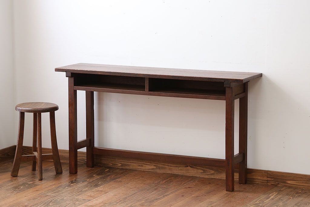 アンティーク家具　アンティーク　天板ナラ材の薄型テーブル(5)