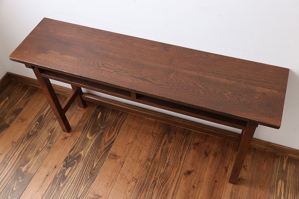 アンティーク家具　アンティーク　天板ナラ材の薄型テーブル(5)