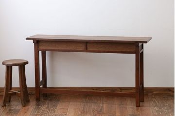 アンティーク家具　アンティーク　天板ナラ材の薄型テーブル(6)